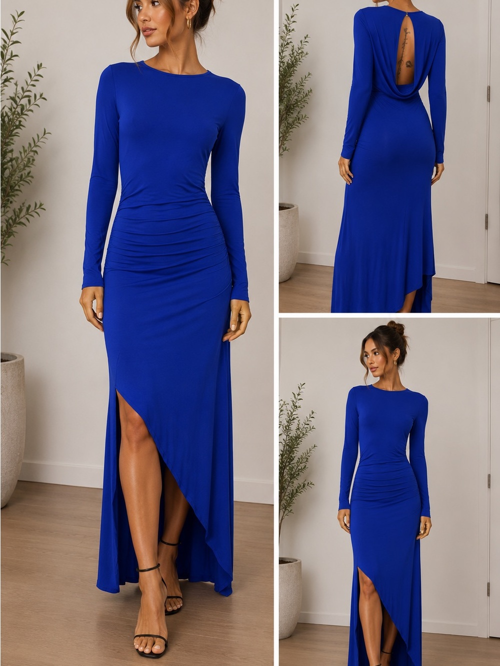 Guess Royal Blue Long Sleeve Asymmetric Maxi Dress